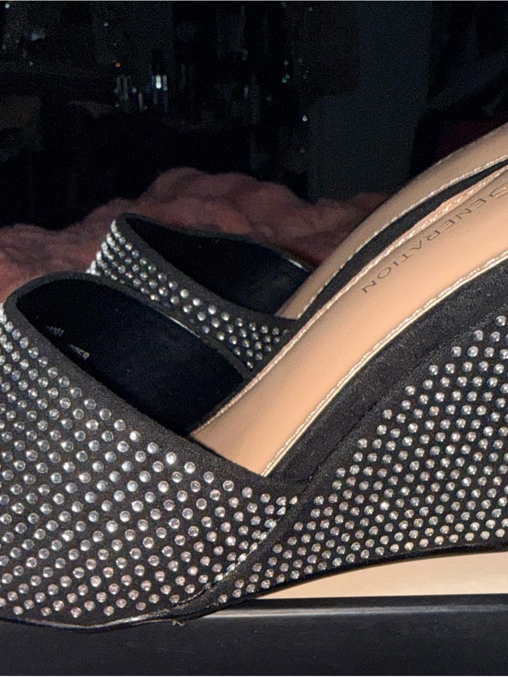 BCBGeneration Black Crystal-Studded Wedge Sandals